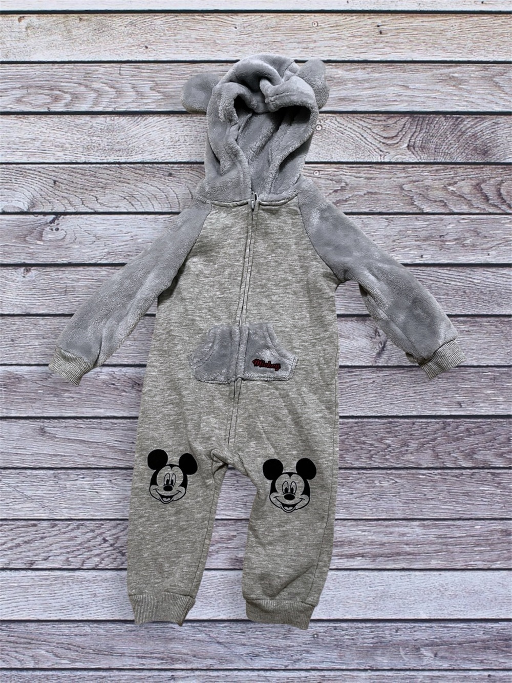 Disney Baby Gray Mickey Mouse Hooded One-Piece for Kids 18m